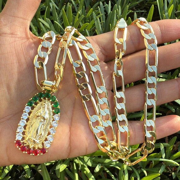 14K GP Virgin of Guadalupe Pendant Cubic Zirconia Figaro Link Chain 18 Inch 4mm - Picture 2 of 7